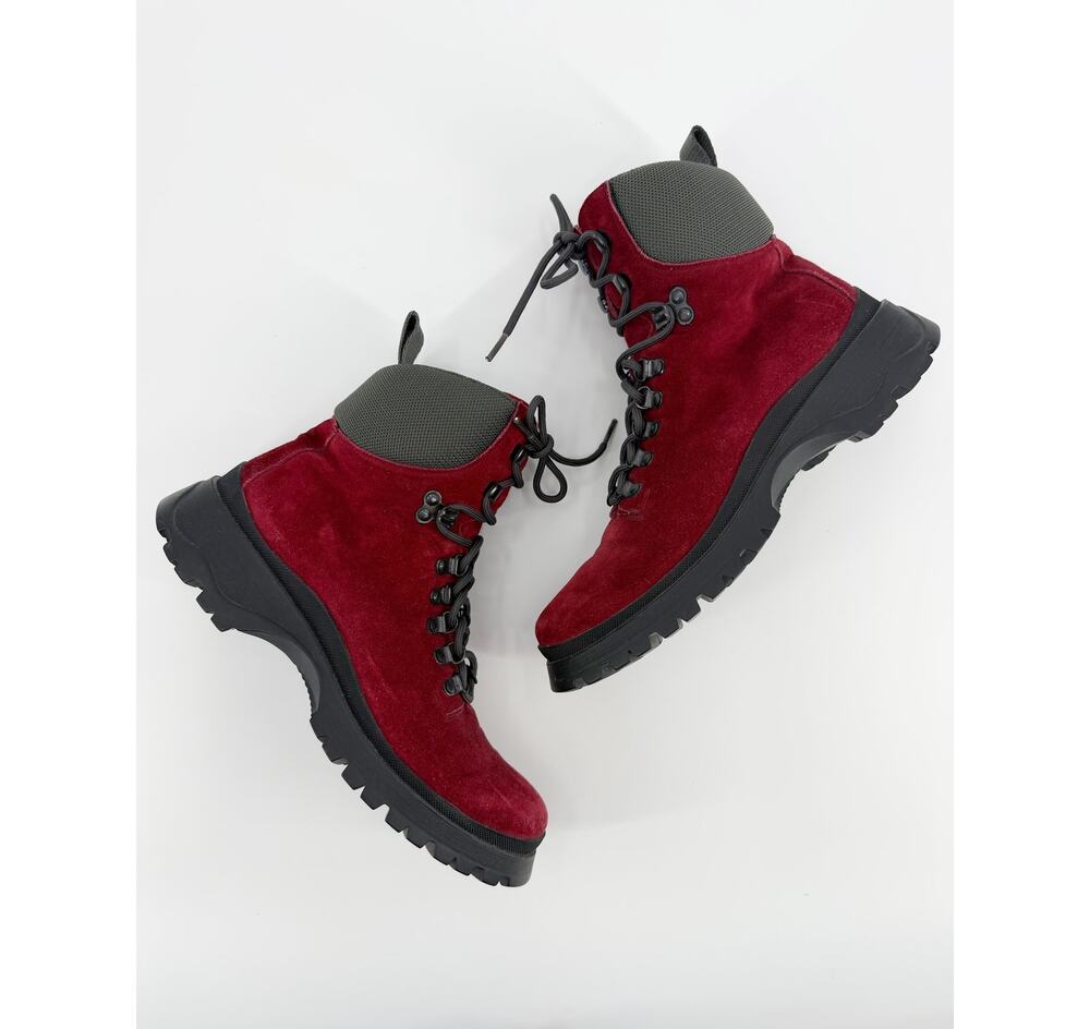 Prada Sport Burgundy Suede Lace Up Hiking Combat Boots Lug Sole Winter 39.5